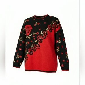 RARE Vintage Nutcracker Vibrant Red Rose & Black Gold Glitter Christmas Sweater